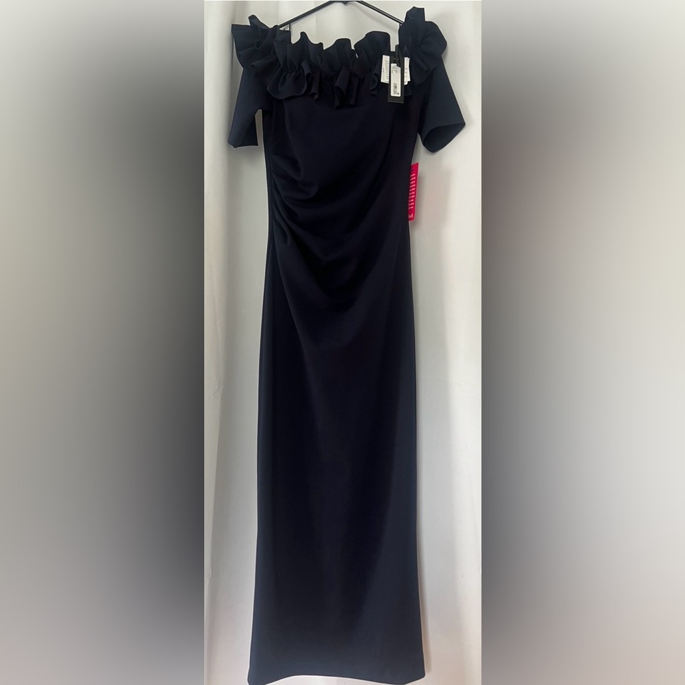 NWT Dillards Xscape Ruffle Navy Off-Shoulder Maxi Dress Gown size 12